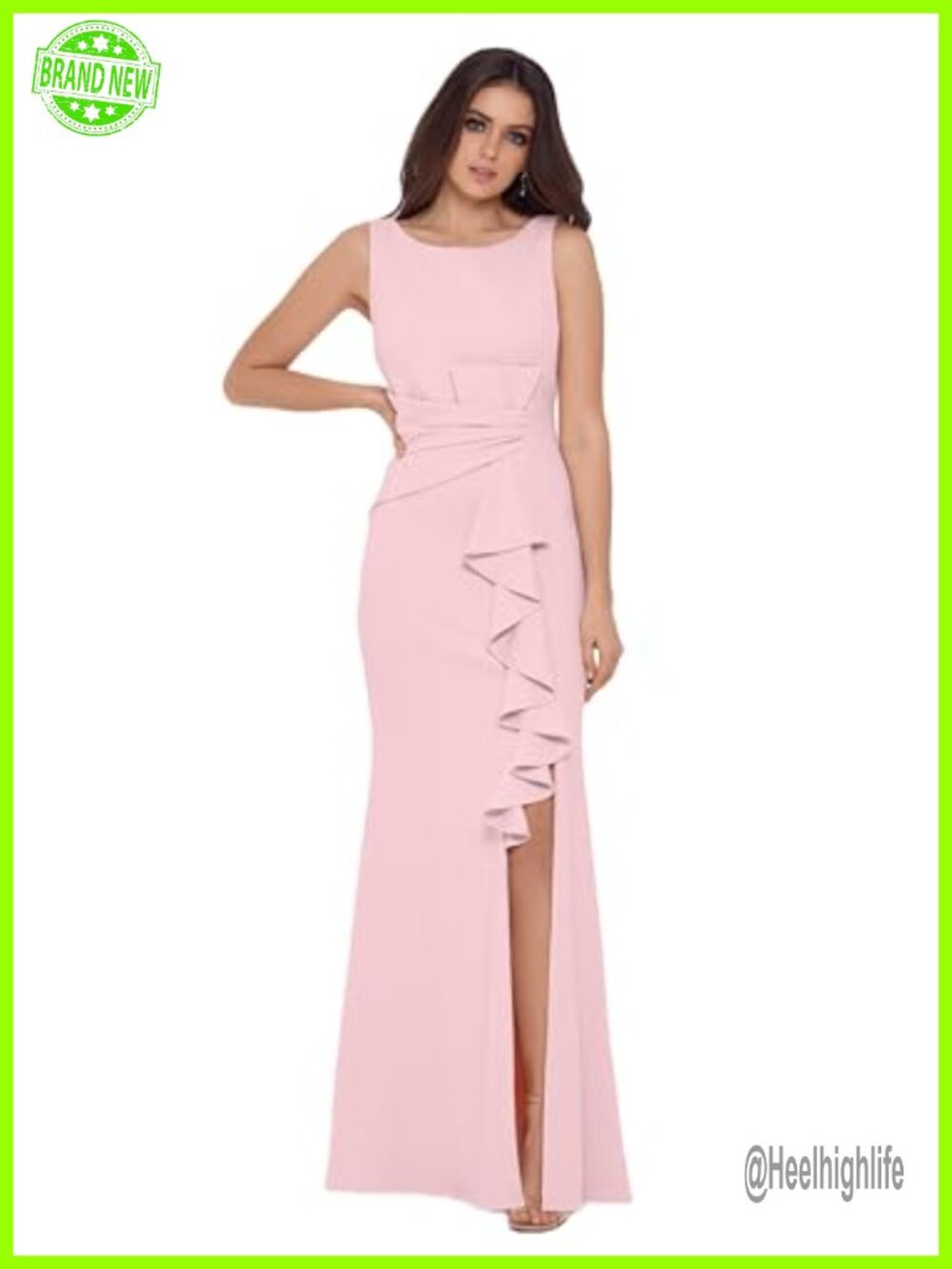 Betsy & Adam Long Bodycon Sleeveless Boat Neck Evening Gown Side Slit Ruffle
